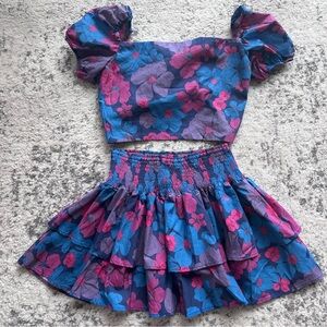 Theme two-piece set crop top back ties tiered mini skirt floral cotton. Sz 12 yo